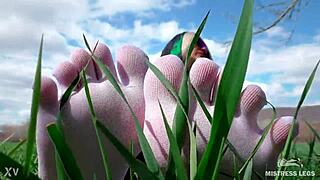 Goddess Feet In Cute White Socks With Jeans On The Spring Grass Field