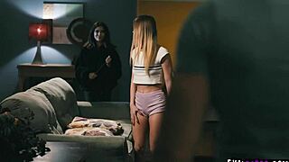 Jane and Natalie share Nathan's monster cock in threesome.