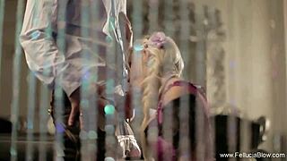 Beautiful German blonde maid gives secret blowjob fun