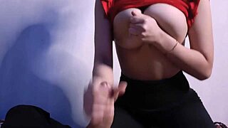 Neighbor gives intense handjob and cums on her nice tits.