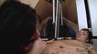 Big tits milf brunette gets hard fast banging at gym with group facial!