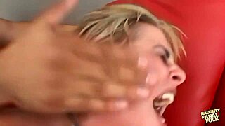 Rough deep throat for trashy bitch in threesome