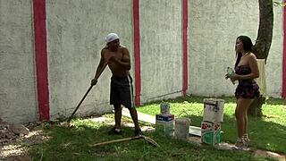 Married latina begged to suck the builder's massive black cock. Brunette pornstar took interracial blowjob and facial cumshot eagerly.