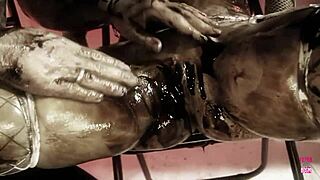 Naughty Brunette Teases with Dark Oil Before Intense Doggystyle Fuck in Lingerie and Heels