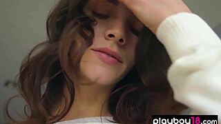 skinny european brunette with natural tits strips stockings slowly. she reveals slim body in sensual tease.