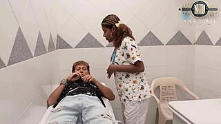 subtle solo session where amateur brunette nurse with big ass and curly hair gets off on desk with toys after work.