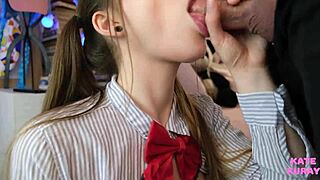 girl sucks cock closeup in homemade scene. she gets cum covered all over her face