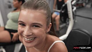 cheating blonde teen sneaks big cock sex in gym shorts while boyfriend watches