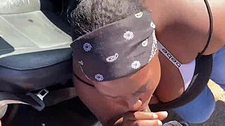 Intriguing ebony BBW thot goes crazy sucking cock in public