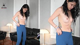 I love how curvy Latina babe Jazmin with long hair and brown eyes tries on leggings and wrap shirt, shaking her juicy ass for the photoshoot while getting naked and fingering her shaved tight pussy.