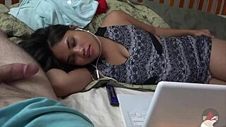 in the bedroom, this amateur asian gives a sexy pov handjob to a big cock with fetish elements.