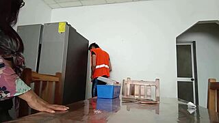 hey maintenance man, why is this housewife showing her vagina on the table while you check the fridge? it's so strange and sexy