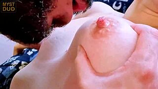petite latina girlfriend gets her big natural tits massaged close up. myst duo focuses on licking puffy nipples during the session.