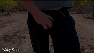 Wife takes cum on tits during public blowjob.