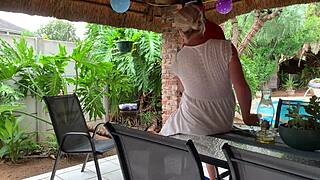 Sexy blonde ex wife bends over in skirt outdoors as amateur couple films homemade doggystyle fucking in shaved pussy until creampie