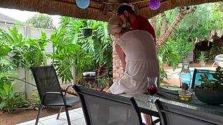 Sexy blonde ex wife bends over in skirt outdoors as amateur couple films homemade doggystyle fucking in shaved pussy until creampie