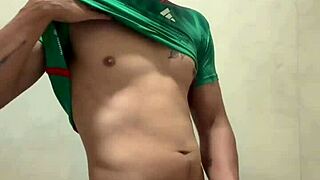 Young Mexican athlete relaxes solo in the gym bathroom