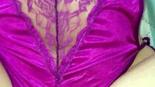 Colombian babe in purple satin lingerie and thong spreads for intense panty fuck play with slow teasing moves.