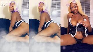 the ebony maid starts house cleaning in her thong costume for roleplay. she gives jerk off instructions with pierced nipples and big tits in homemade mature cosplay.