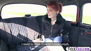 Redhead babe gets banged by fraud driver with big cock in backseat