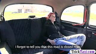 Redhead babe gets banged by fraud driver with big cock in backseat