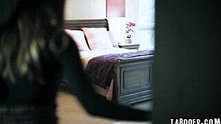 Gizelle Blanco spies on Maya Woulfe and Hazel Moore hiding in the room! She watches Maya with interested attention during their cheating lesbian fingering and tribbing session.