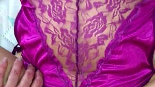 Colombian babe in purple satin lingerie and thong spreads for intense panty fuck play with slow teasing moves.