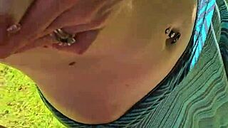 Wife surprises hubby with a quick outdoor handjob under her skirt flashing pierced nipples and panties 😏