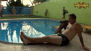 Amateur brunette milf takes anal assfucking and facial cumshot from old cuckold in humiliation