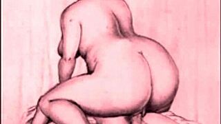 vintage drawings show antique scenes with big ass and big tits in retro erotic style from old times