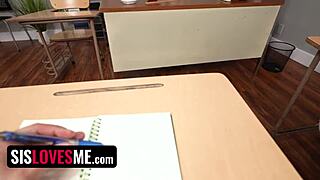 Blonde teacher craves threesome with step-sibling students involving muff diving and facial cum