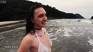 Alice kink taking her micro bikini off at the public beach - sp