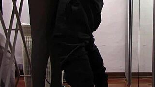 The milf with beautiful legs in pantyhose irons clothes. She gets touched gently before intimate moments.