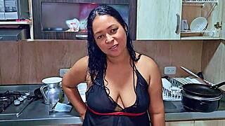 squirting intense orgasm hits horny latina stepmom in kitchen while submissive stepson watches her as dirty mature milf slave