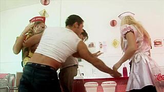 Let's serve up this ffmm foodie foursome with milf waitresses Diana Gold and Eva Mercedes.