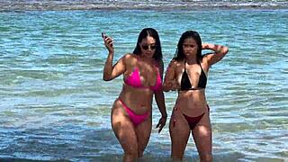 Brazilian Brunettes with Big Asses Kissing Passionately on Public Beach