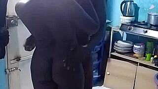 African amateur bends over in kitchen for wet doggystyle ebony pounding pt1