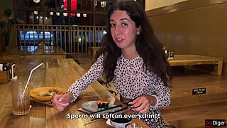 Surprisingly cum on her face in public sushi bar then she eats rolls covered in it