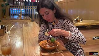 Surprisingly cum on her face in public sushi bar then she eats rolls covered in it