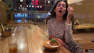 Surprisingly cum on her face in public sushi bar then she eats rolls covered in it