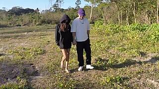 petite amateur takes big cock in tight pussy for interracial creampie. then anal assfucking outdoors in public with small tits exposed.