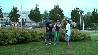 Hot teen 18+ Alexis Crystal got into public street threesome with two young 18+ guys in the car. They did blowjob and fucking outdoors.