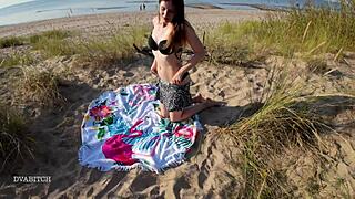 Hey, why not start our beach day with me deepthroating your cock right here in public? This curvy brunette girlfriend swallows every drop as people watch.