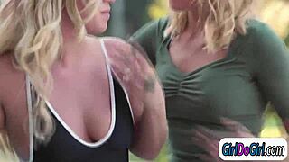 Blonde wife cheats by facesitting hot poolgirl with intense licking!