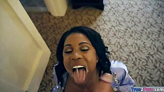 Ghetto ebony with giant boobs gets titty fucked by white shaft