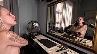 Curvy Tattooed Blonde Babe Gets Ready Naked Applying Makeup And Styling Hair