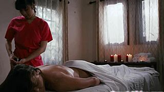 This massage feels amazing says the milf as the Asian licks her shaved pussy