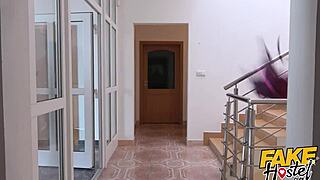 fake hostel... brunette backpacking babe with cute natural tits gets picked up on road journey, sucks cock in car, then fucked hard all around hostel 😏🚗