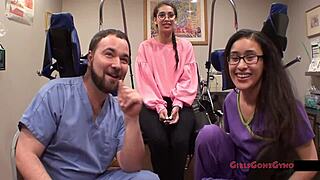 Tampa university entrance physical features Kitty Catherine in nurse gloves and latex at hospital.