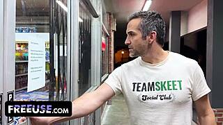 freeuse store lets customers fuck through shopping with ffm threesome and outdoor facial cum